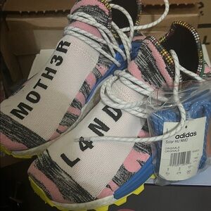 Pharrell adidas Men Solar HU NMD Pink White Black Sneakers with Blue & Yellow 🔥🔥